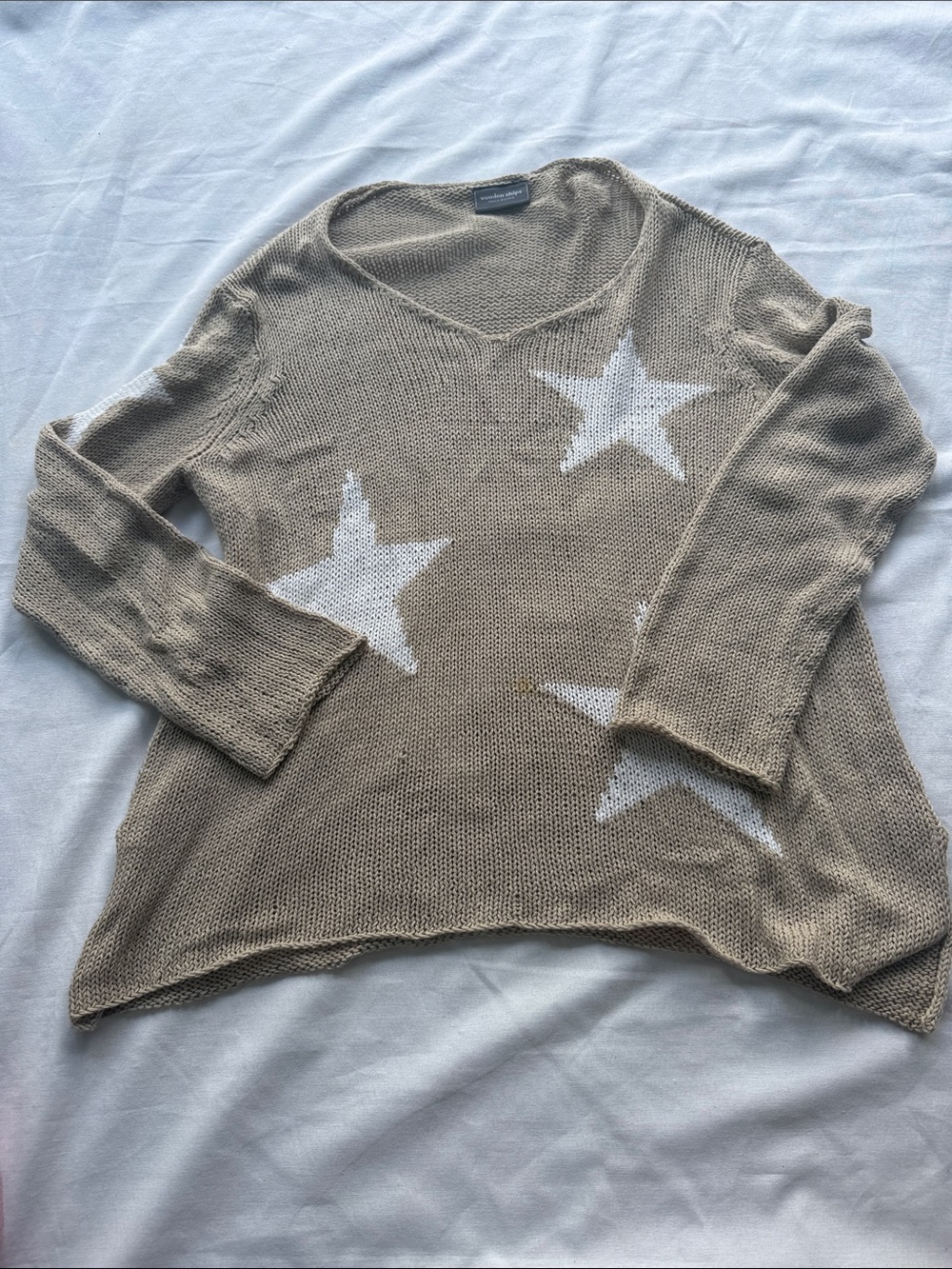 Wooden Ships Taupe V-Neck Star Knit Sweater with White Stars